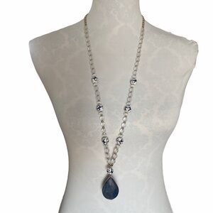 Lapis Lazuli Teardrop Pendant Necklace w/ Glass & Porcelain Beads | Boho Chic